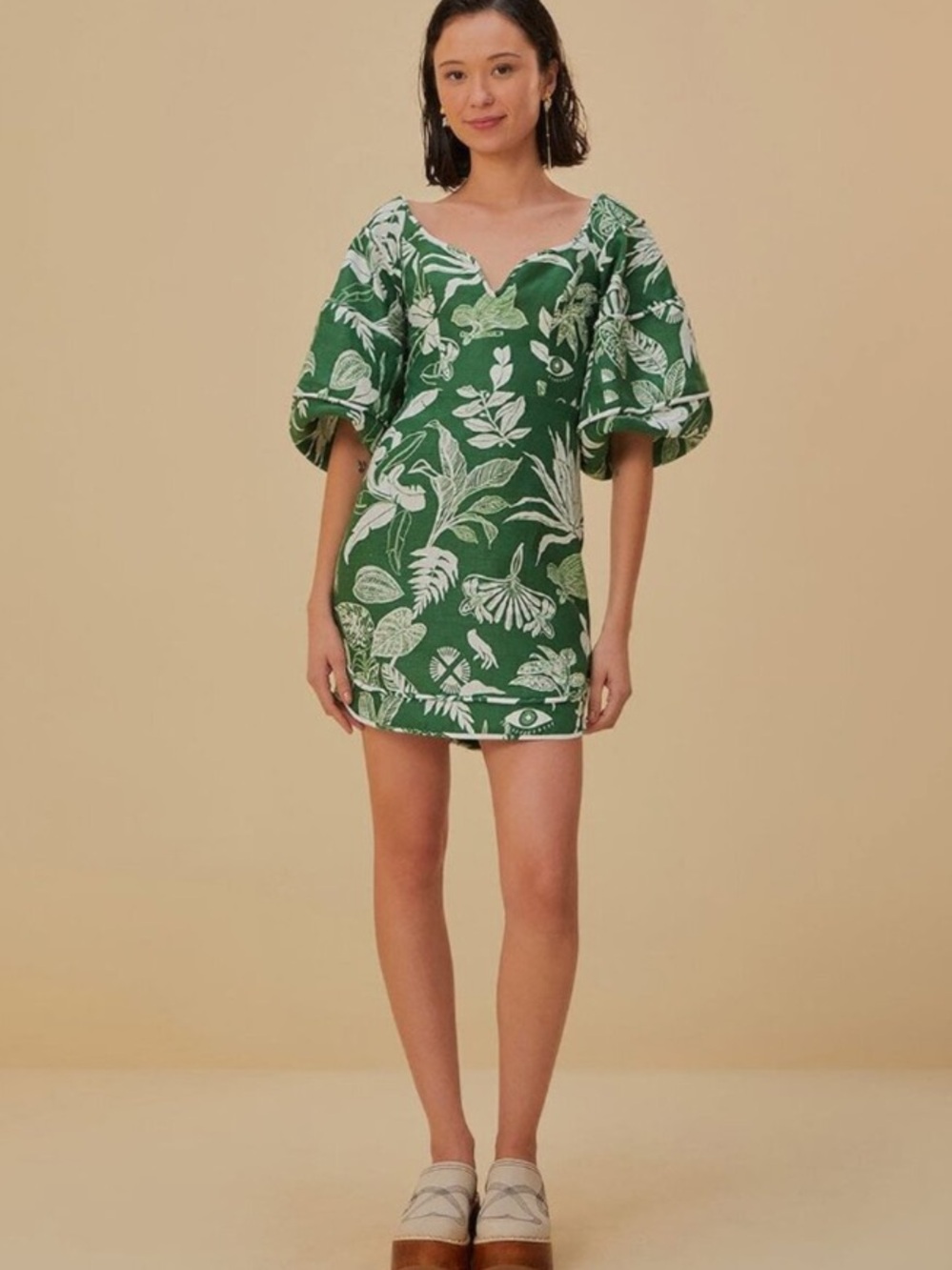 FARM Rio Forest Soul Green Mini Dress Puff Sleeves Piping Tropical Linen Size S